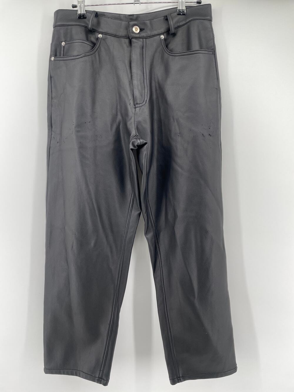 VNTG Morbid Pants Faux Leather Unisex 32x26 Y2K Rashed Goth Punk